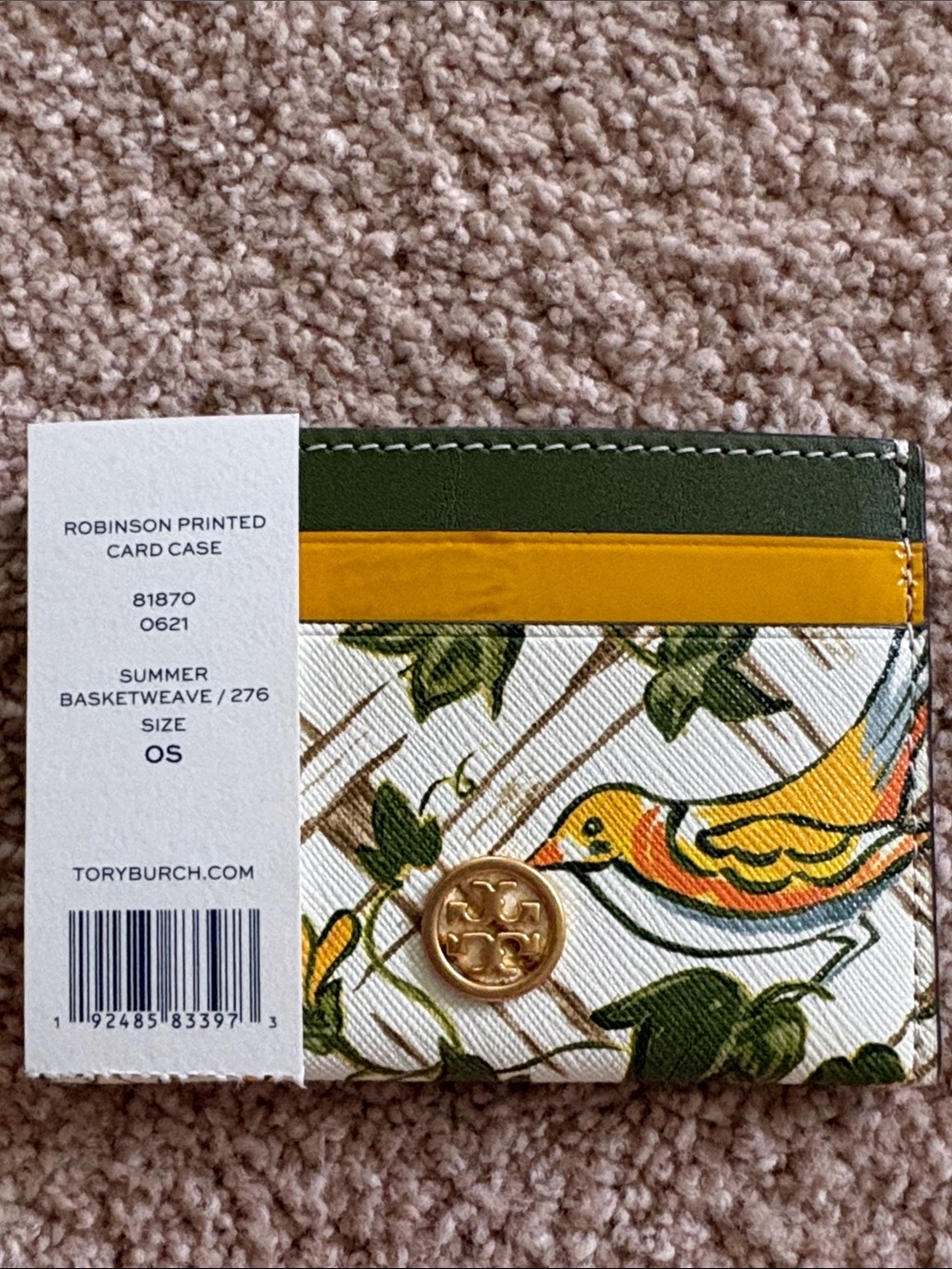 Tory Burch Robinson Yellow & Green Floral Bird Card Holder with Gold Logo - Picture 4 of 7